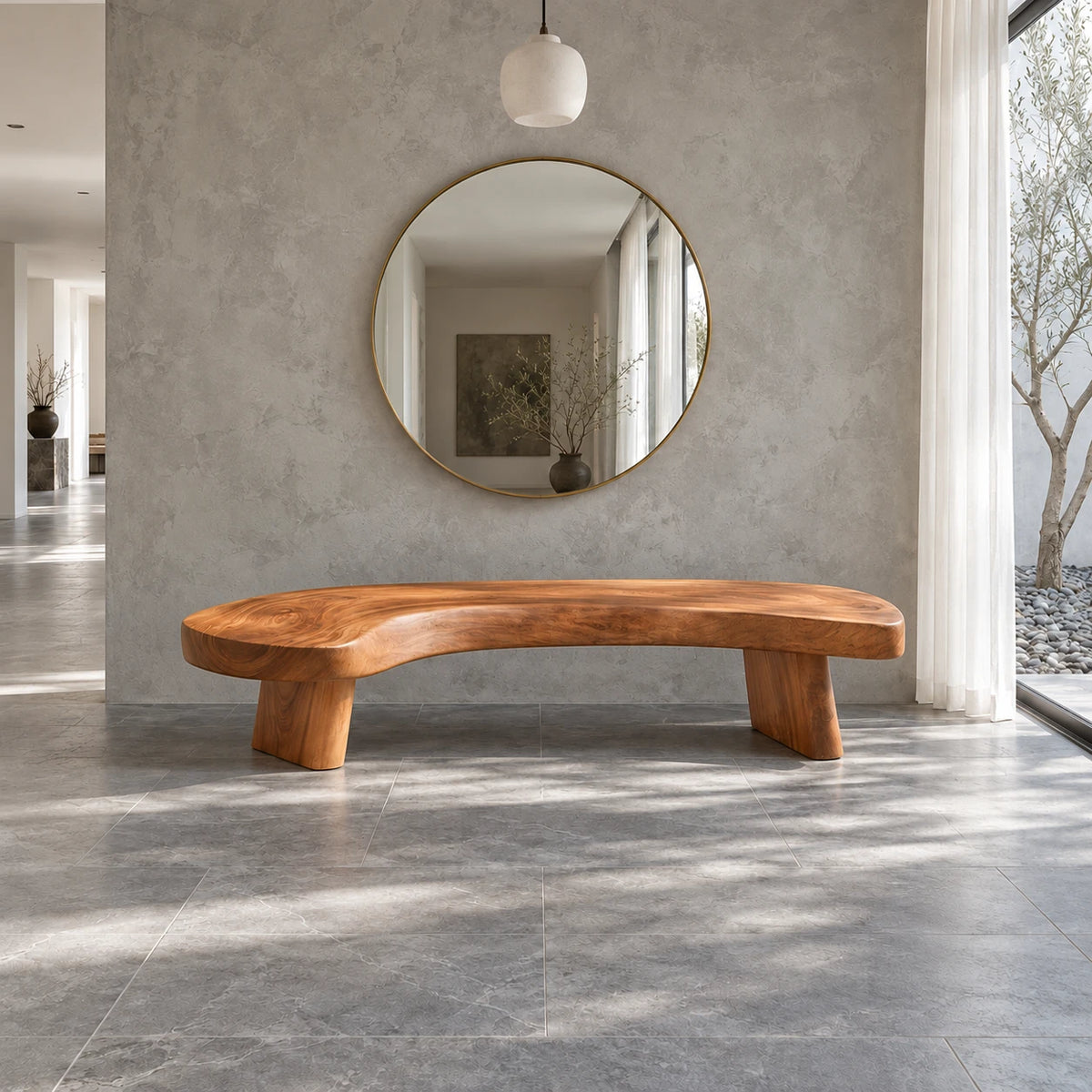 Rustic Wood Bench with Curved Live-Edge Slab Seat on Twin Pedestal Block Legs - Arboriswood - 14