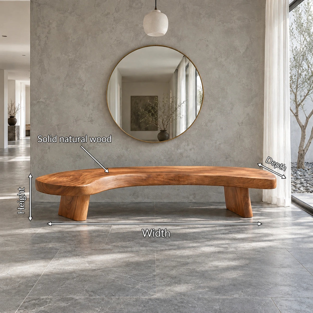 Rustic Wood Bench with Curved Live-Edge Slab Seat on Twin Pedestal Block Legs - Arboriswood - 7