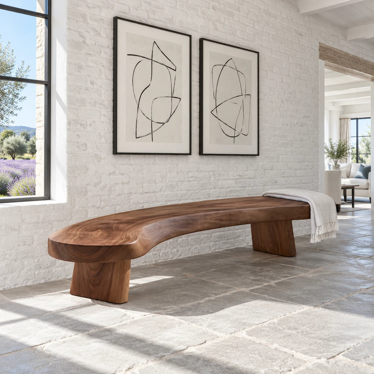 Rustic Wood Bench with Curved Live-Edge Slab Seat on Twin Pedestal Block Legs - Arboriswood - 8