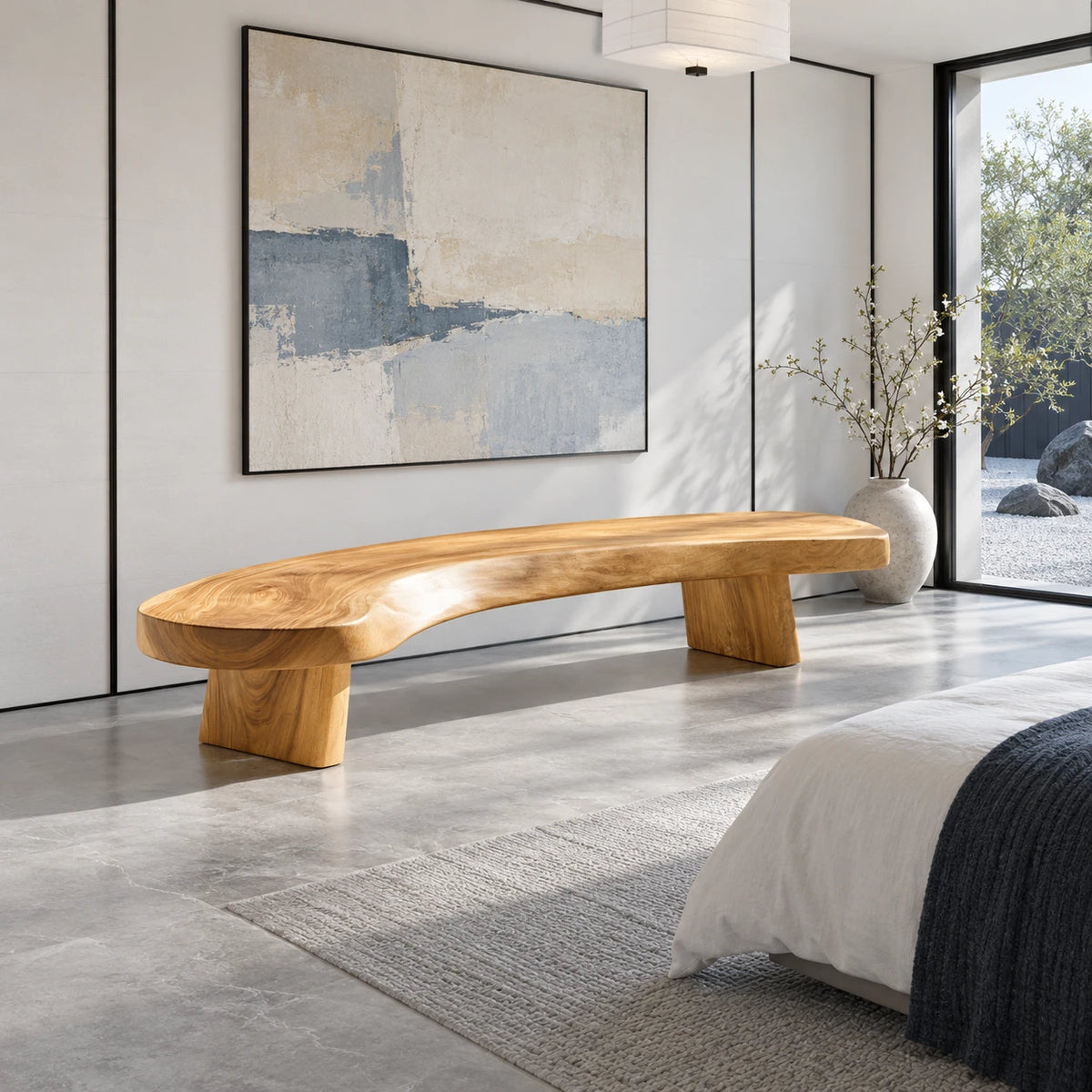 Rustic Wood Bench with Curved Live-Edge Slab Seat on Twin Pedestal Block Legs - Arboriswood - 9