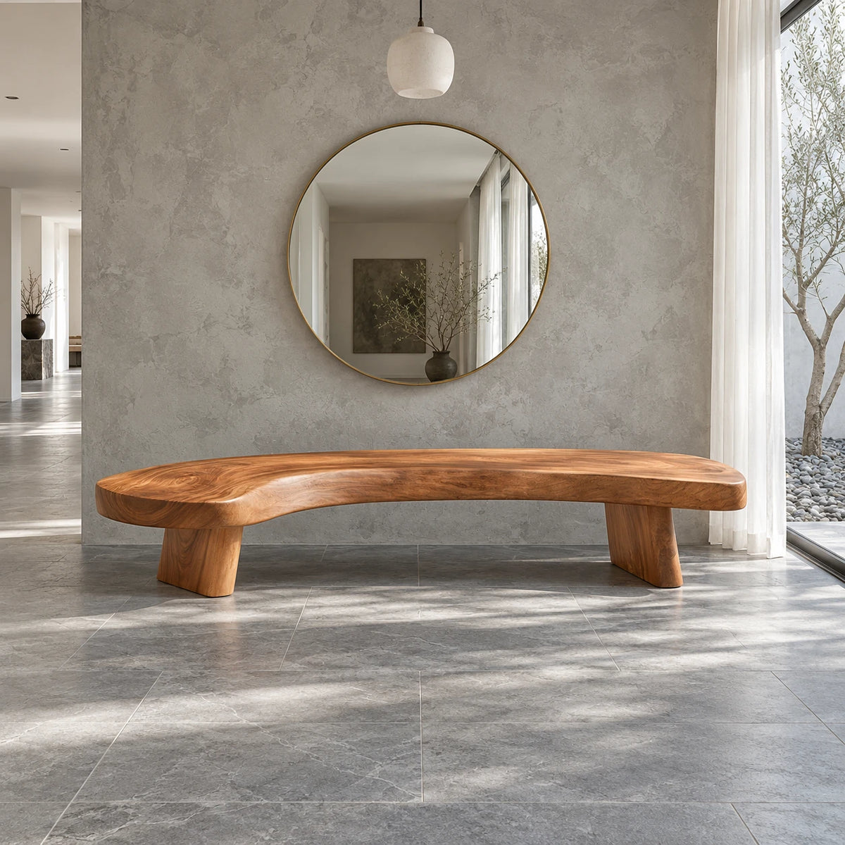 Rustic Wood Bench with Curved Live-Edge Slab Seat on Twin Pedestal Block Legs - Arboriswood