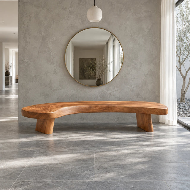 Rustic Wood Bench with Curved Live-Edge Slab Seat on Twin Pedestal Block Legs - Arboriswood