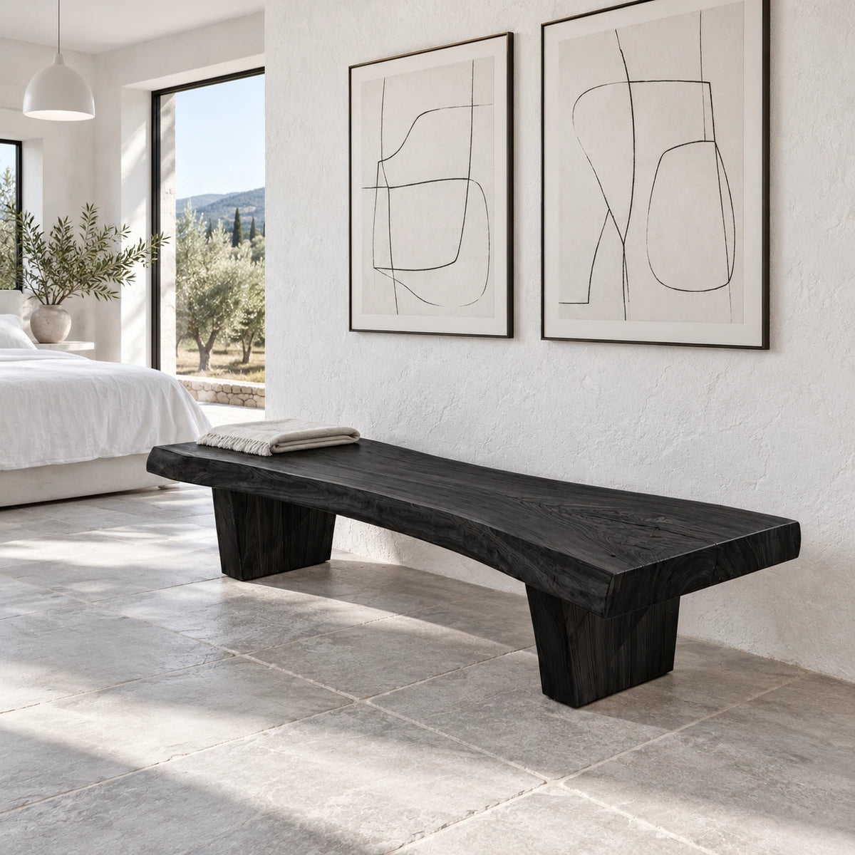 Rustic Wood Bench with Live-Edge Slab Seat on Two Inset Trapezoidal Block Legs - Arboriswood - 10