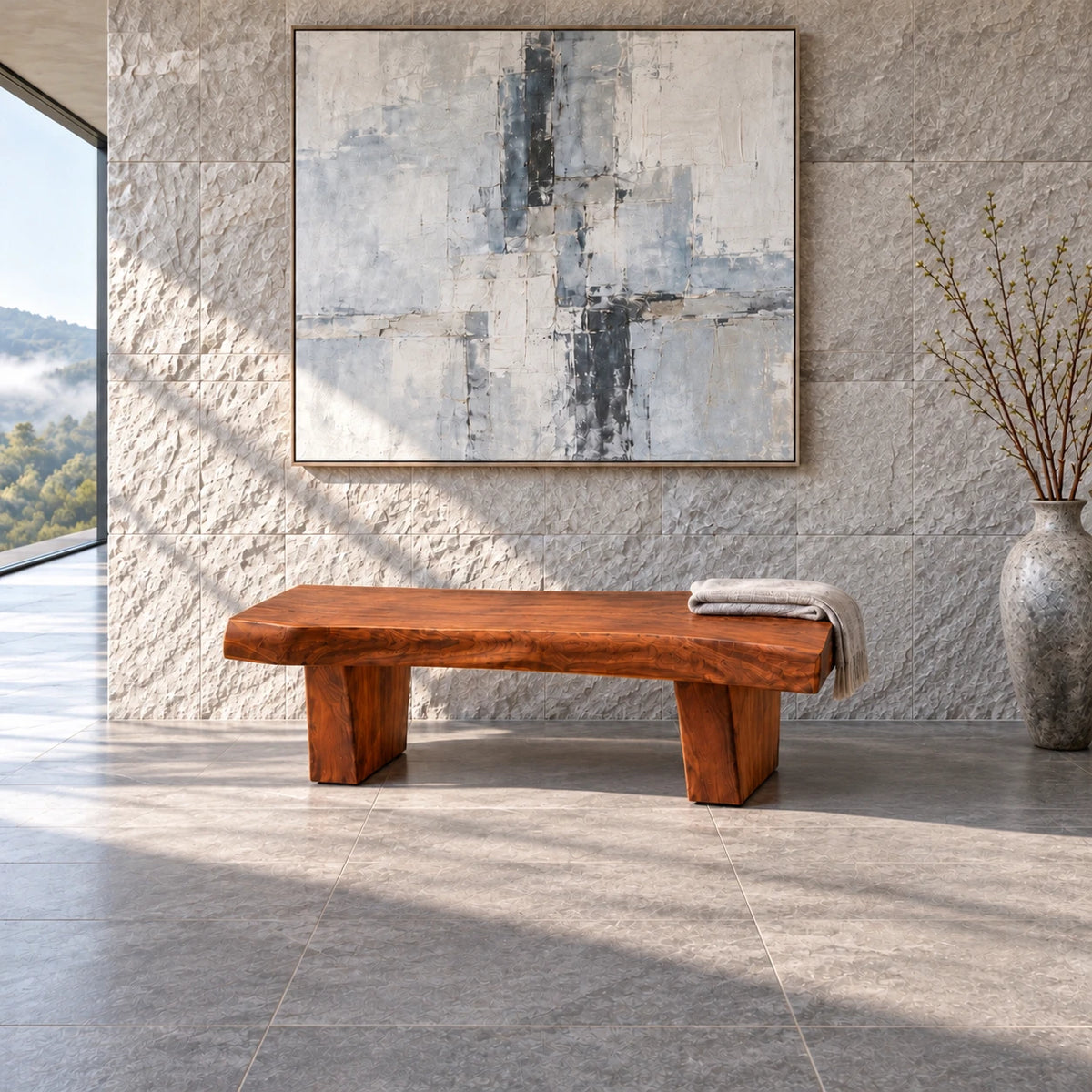 Rustic Wood Bench with Live-Edge Slab Seat on Two Inset Trapezoidal Block Legs - Arboriswood - 11