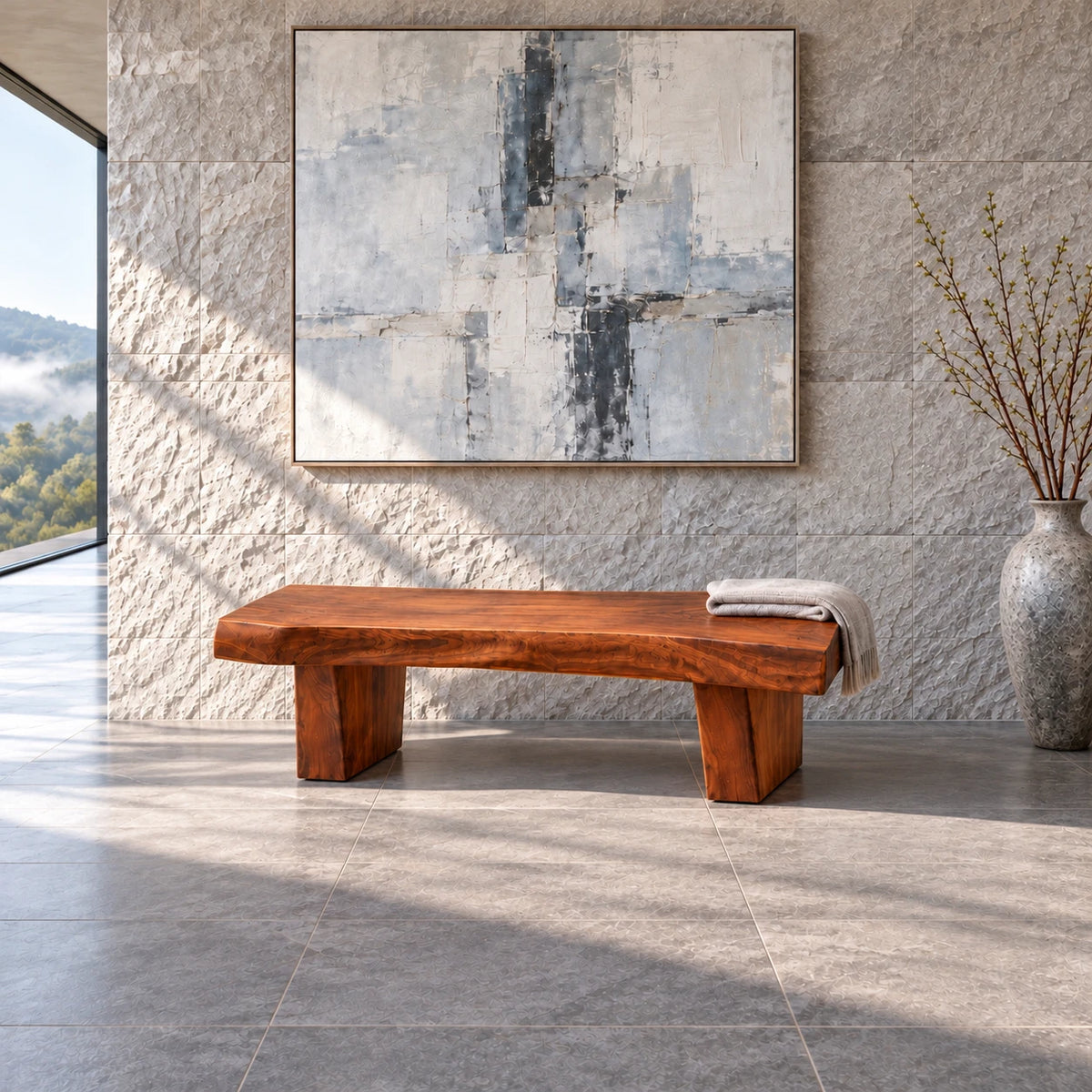 Rustic Wood Bench with Live-Edge Slab Seat on Two Inset Trapezoidal Block Legs - Arboriswood - 12