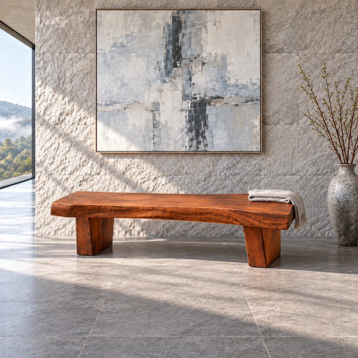 Rustic Wood Bench with Live-Edge Slab Seat on Two Inset Trapezoidal Block Legs - Arboriswood - 13