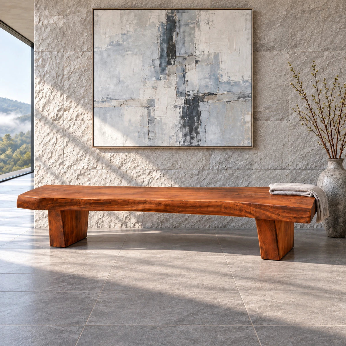 Rustic Wood Bench with Live-Edge Slab Seat on Two Inset Trapezoidal Block Legs - Arboriswood - 14
