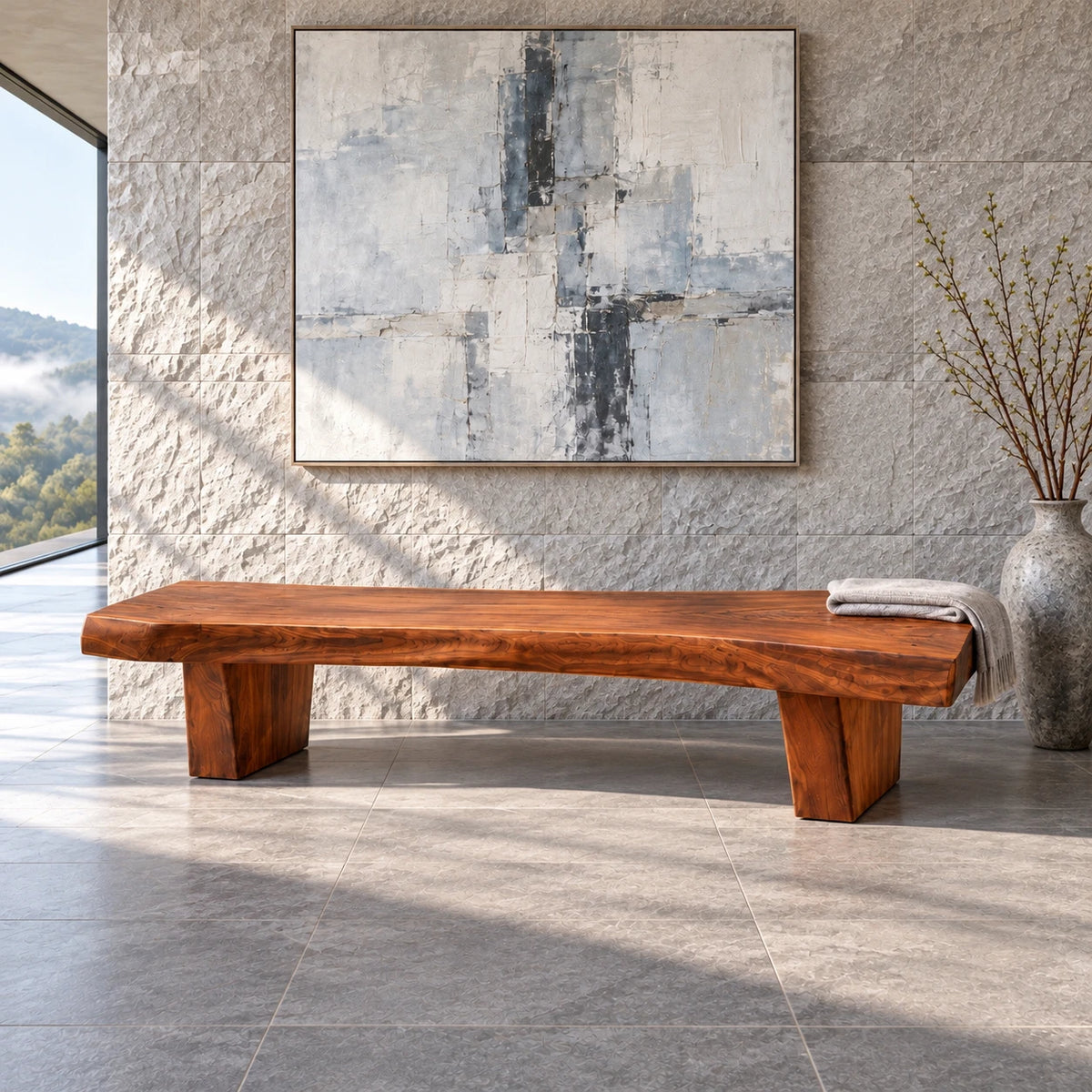 Rustic Wood Bench with Live-Edge Slab Seat on Two Inset Trapezoidal Block Legs - Arboriswood - 2