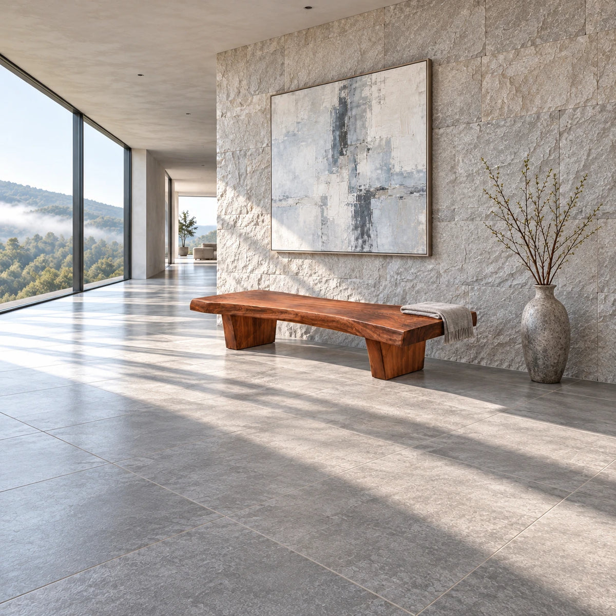Rustic Wood Bench with Live-Edge Slab Seat on Two Inset Trapezoidal Block Legs - Arboriswood - 3