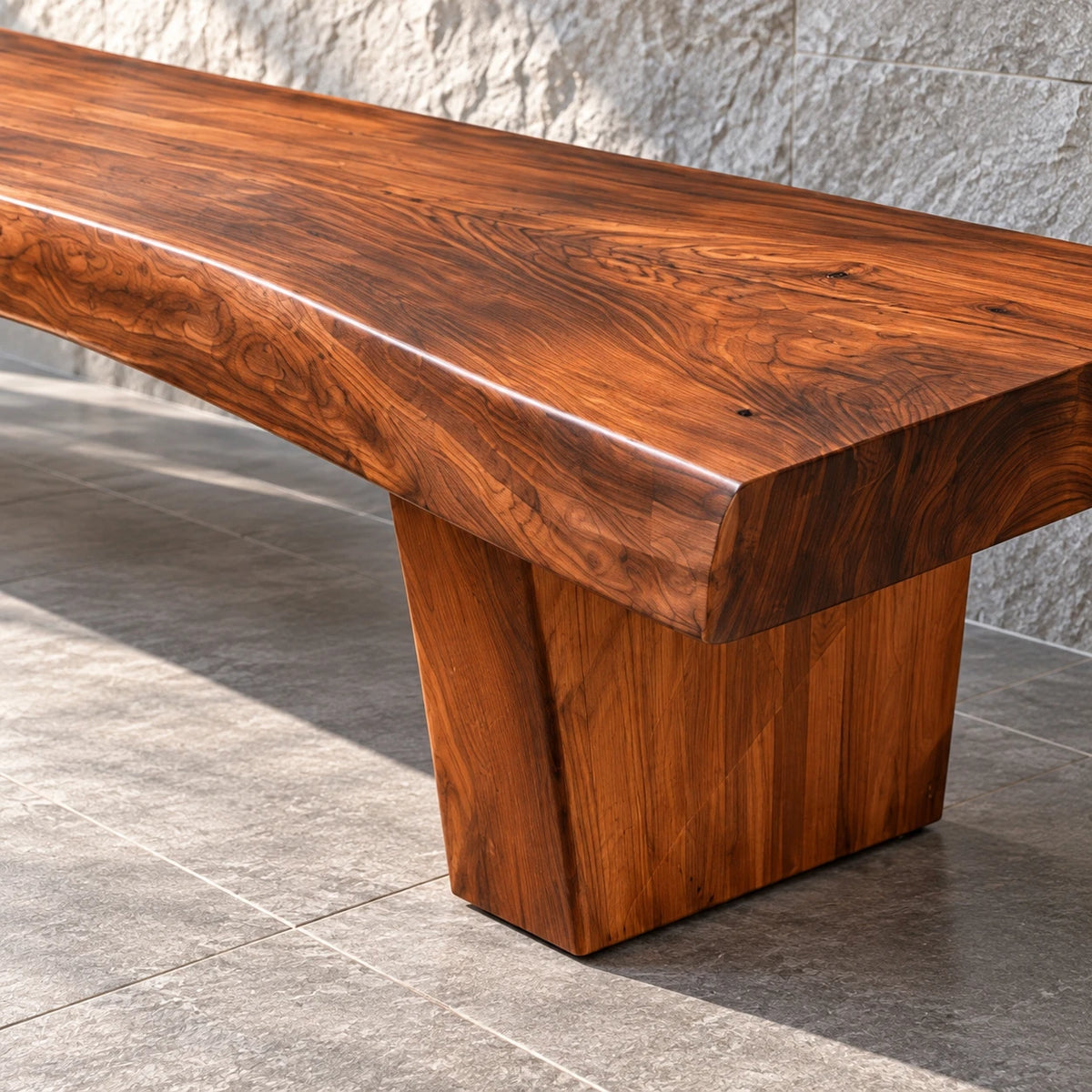 Rustic Wood Bench with Live-Edge Slab Seat on Two Inset Trapezoidal Block Legs - Arboriswood - 4