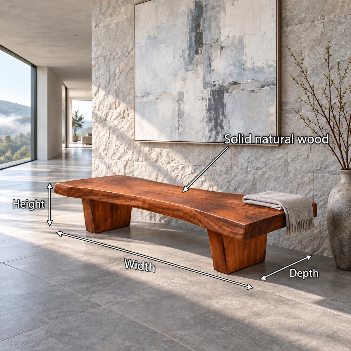Rustic Wood Bench with Live-Edge Slab Seat on Two Inset Trapezoidal Block Legs - Arboriswood - 7