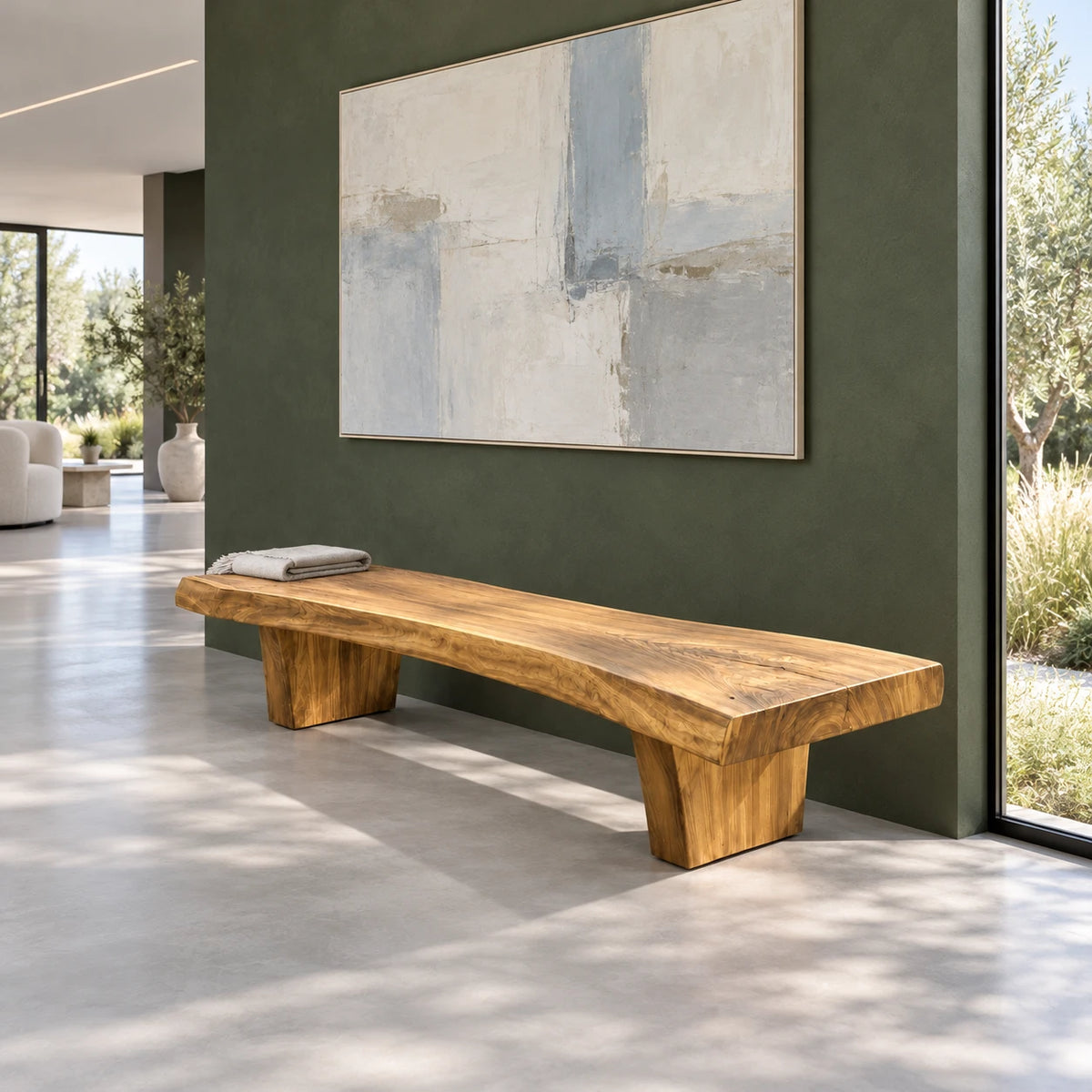 Rustic Wood Bench with Live-Edge Slab Seat on Two Inset Trapezoidal Block Legs - Arboriswood - 9