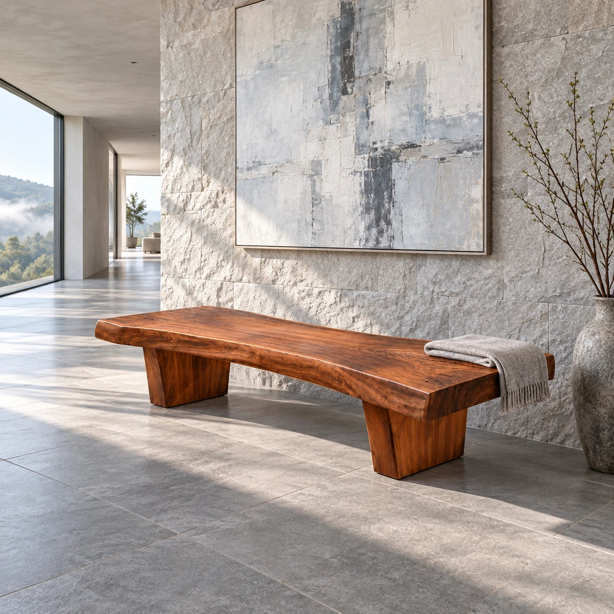 Rustic Wood Bench with Live-Edge Slab Seat on Two Inset Trapezoidal Block Legs - Arboriswood