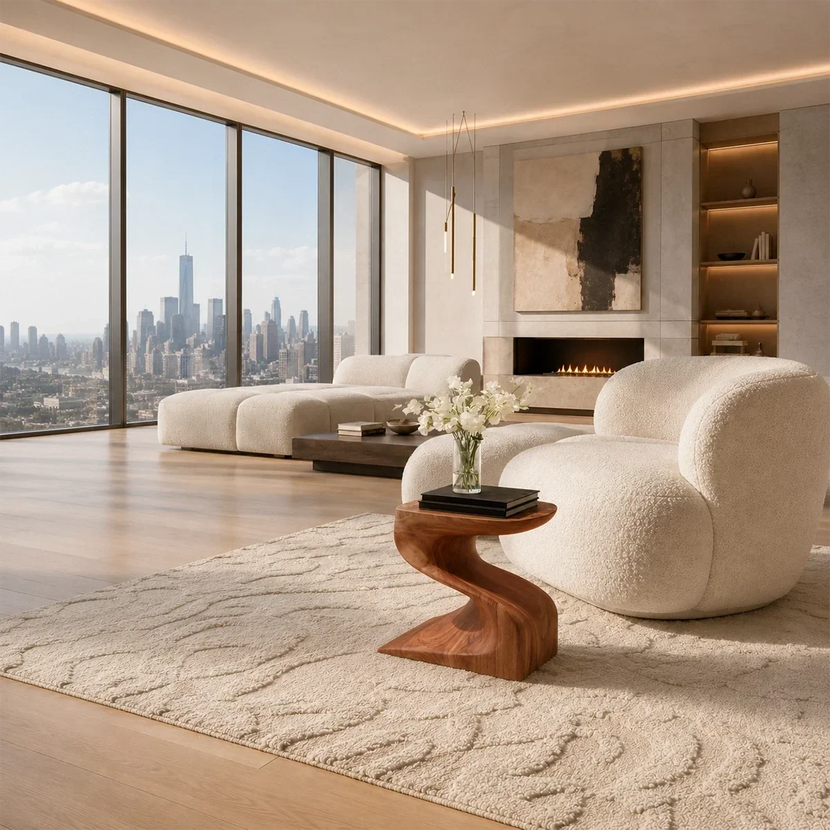 Organic modern side table styled beside curved seating in a refined city interior