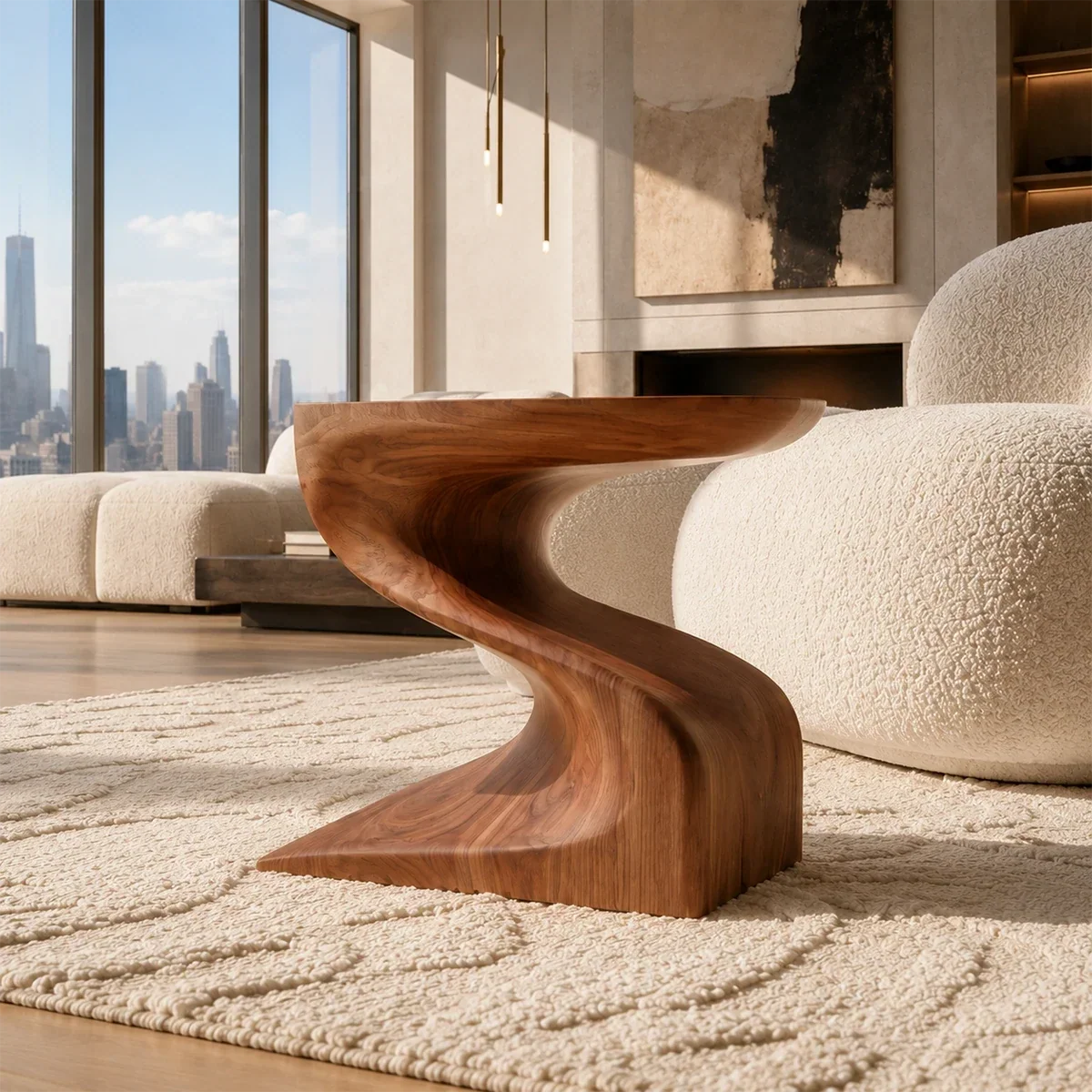 Designer side table with sculpted curves and visible grain in a luxury living space