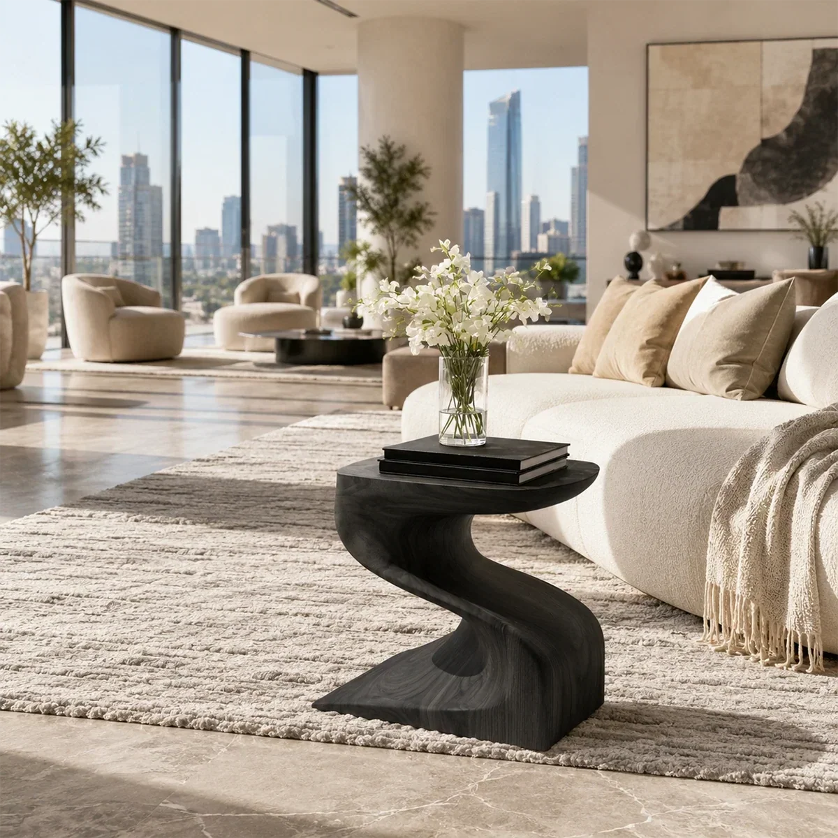 Contemporary end table showcases organic curves and wood tone in an airy urban interior