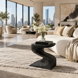 Contemporary end table showcases organic curves and wood tone in an airy urban interior