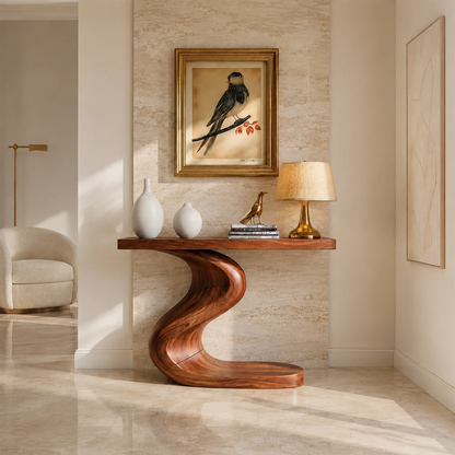 Luxury foyer table with a sweeping pedestal base and generous top for decor display