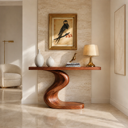 Contemporary console table showcases a dramatic curved support in a serene interior
