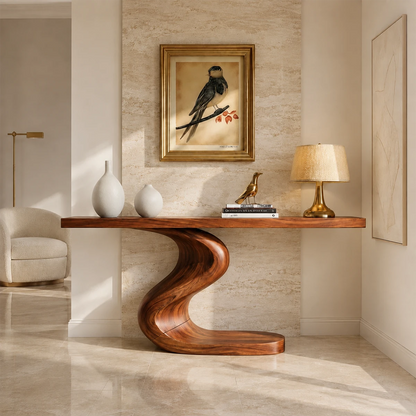 Wood tone console table with fluid S curve base and minimalist home decor styling