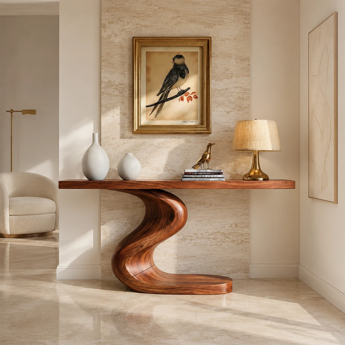 Sculptural console table with an S curve pedestal base in a bright modern hallway