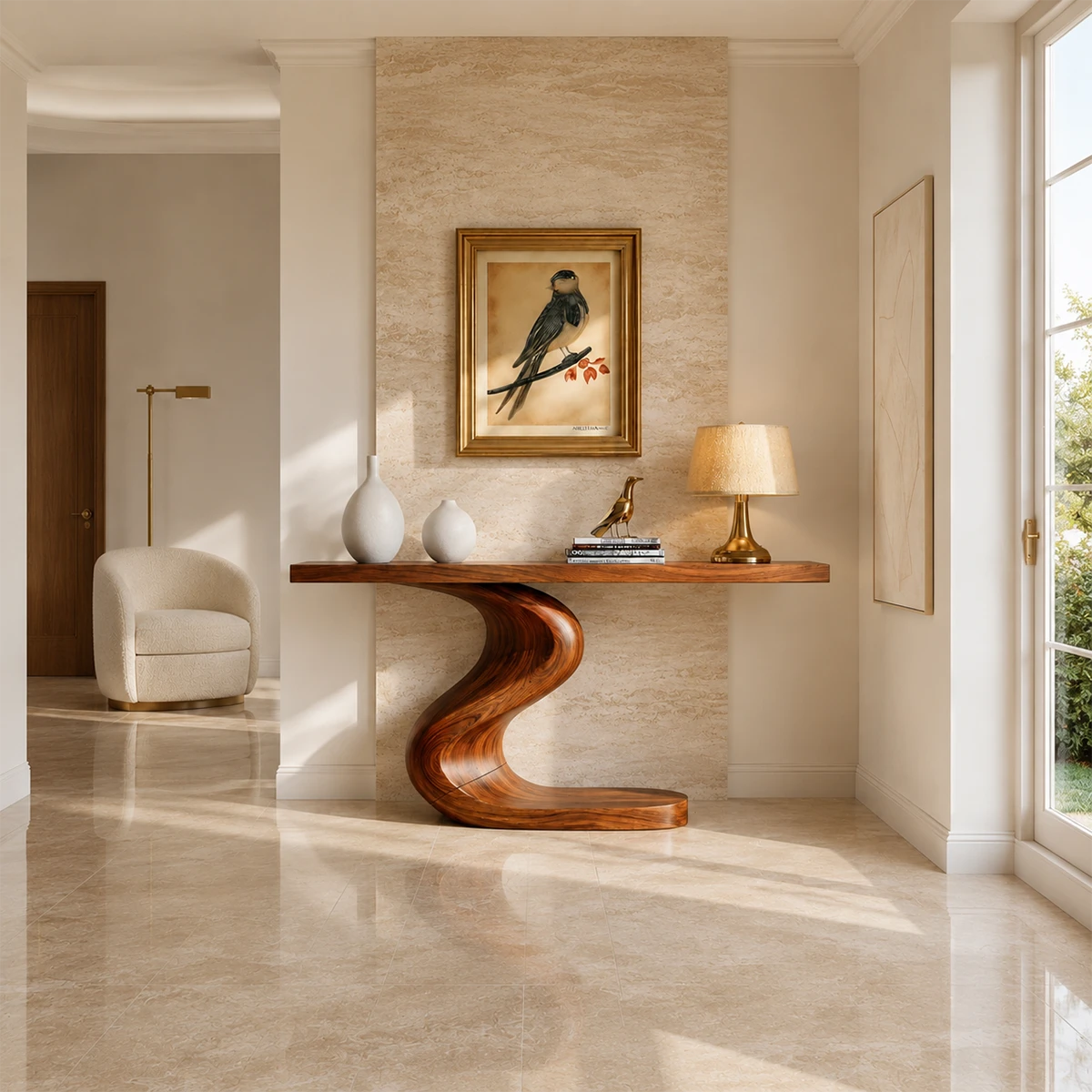 Organic modern console table styled with decor and a warm wood tone finish indoors
