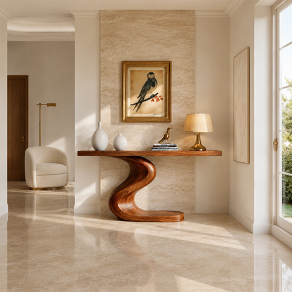 Organic modern console table styled with decor and a warm wood tone finish indoors