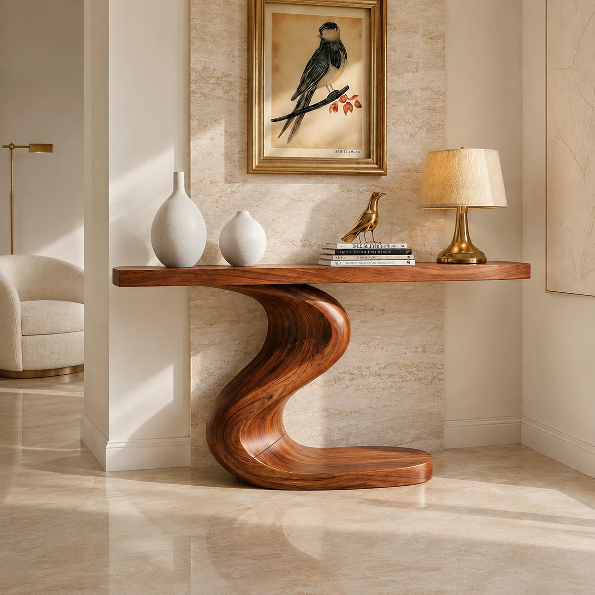 Entryway console table featuring a sweeping support and sleek display surface for decor