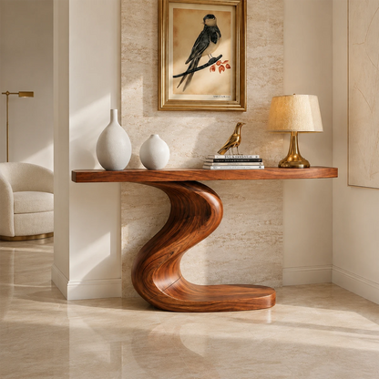 Entryway console table featuring a sweeping support and sleek display surface for decor