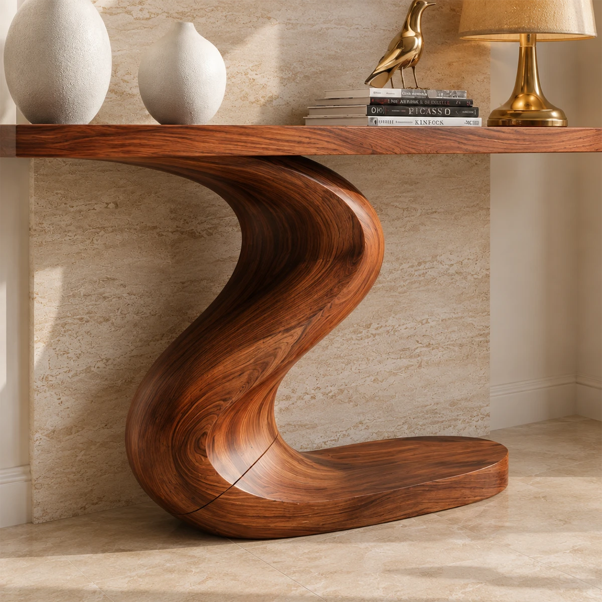 Designer hallway table with fluid curves and visible grain in a refined home interior