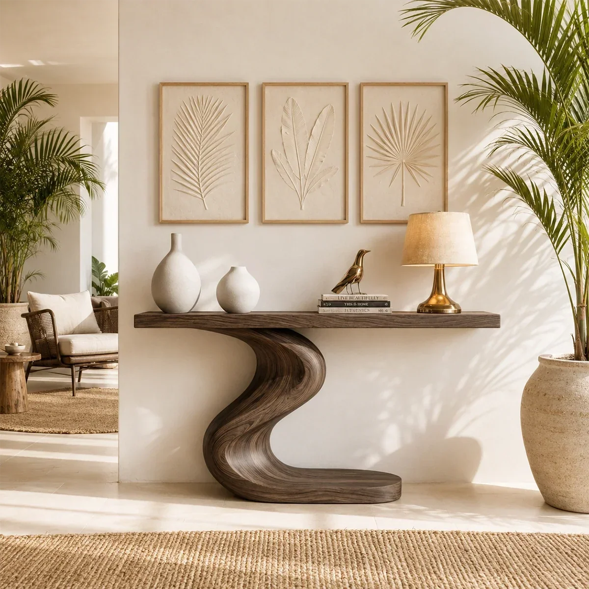 Artistic sofa table with flowing lines and a broad top in a calm contemporary room
