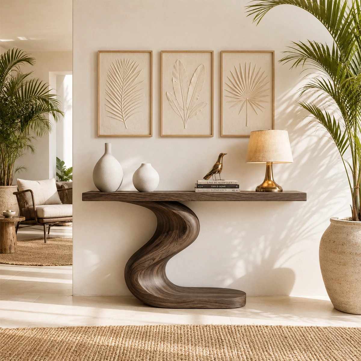 Artistic sofa table with flowing lines and a broad top in a calm contemporary room