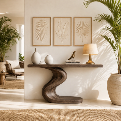 Artistic sofa table with flowing lines and a broad top in a calm contemporary room