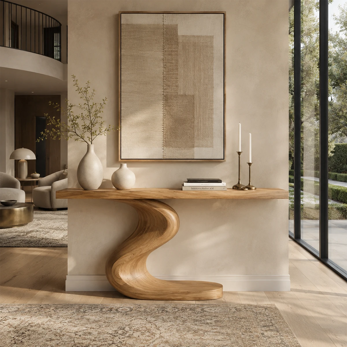 Modern accent console with curved pedestal support and clean architectural styling