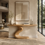 Modern accent console with curved pedestal support and clean architectural styling