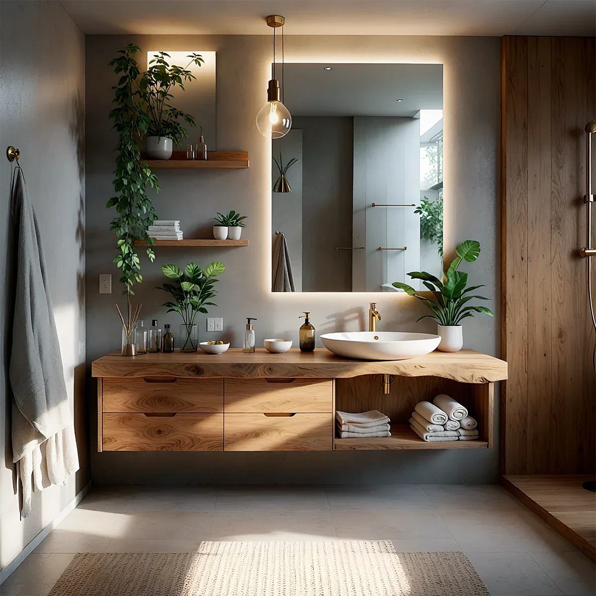 Scandinavian oak floating bathroom vanity with live edge countertop