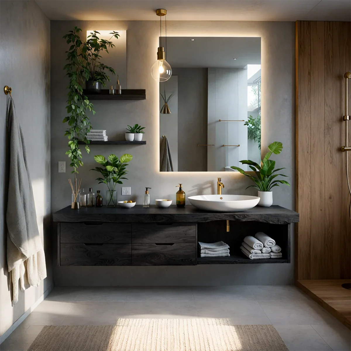 Minimal Scandinavian oak floating bathroom vanity with storage drawers