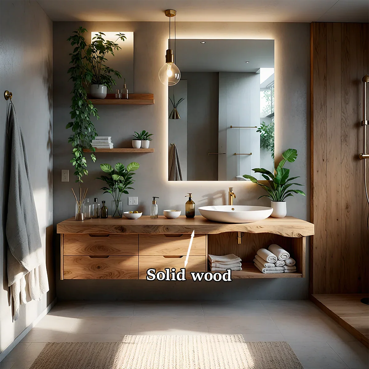 Contemporary oak floating bathroom vanity with natural wood countertop