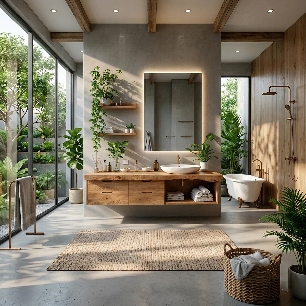 Natural oak floating bathroom vanity with minimalist Scandinavian design