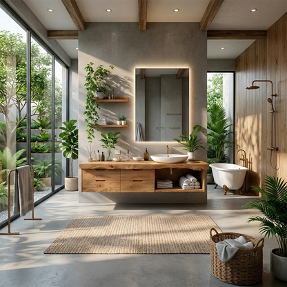 Natural oak floating bathroom vanity with minimalist Scandinavian design
