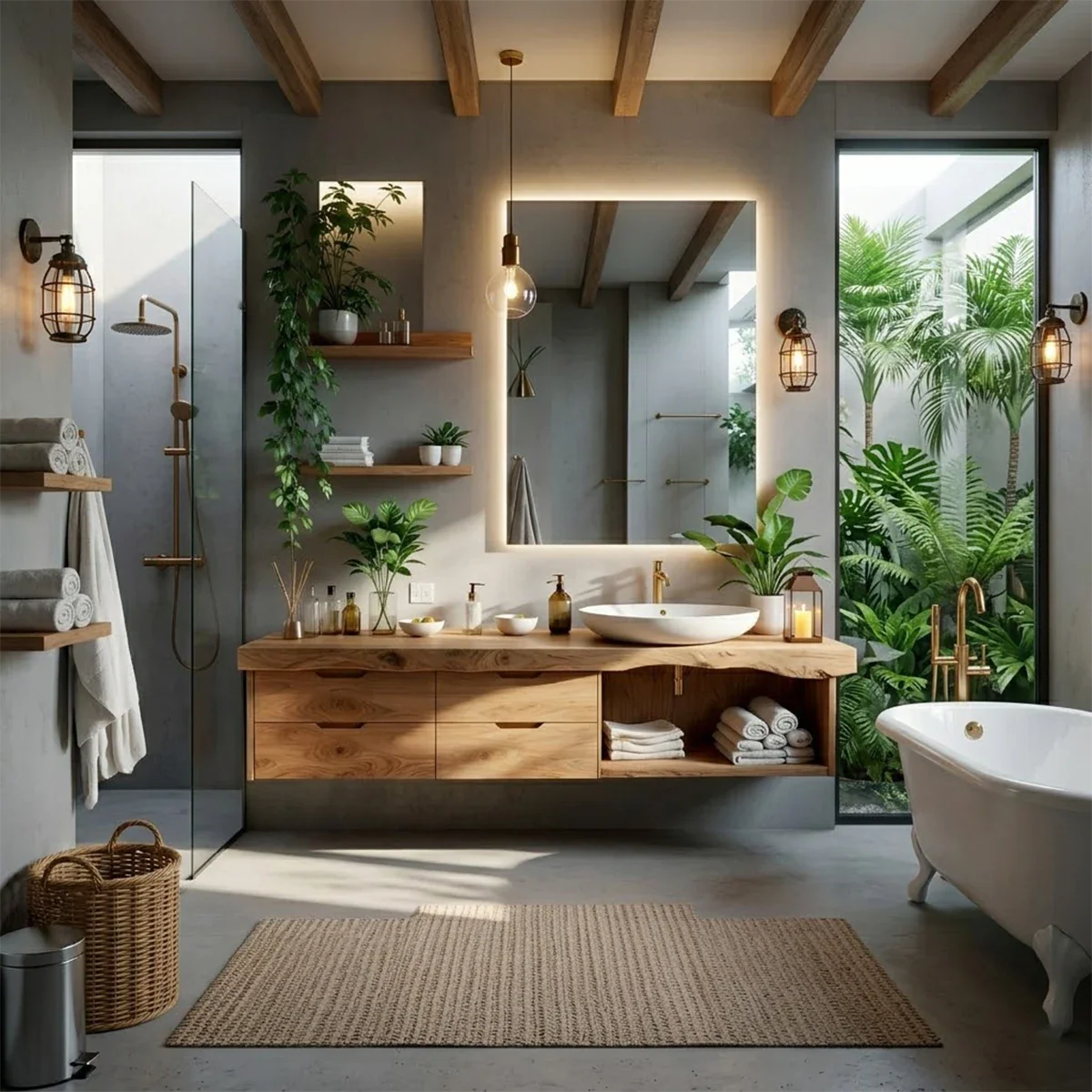 Scandinavian style oak floating bathroom vanity with vessel sink