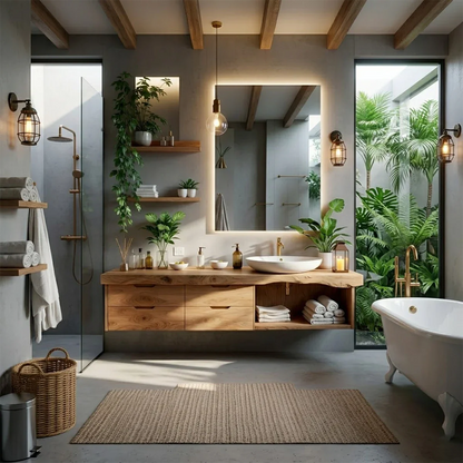 Scandinavian style oak floating bathroom vanity with vessel sink