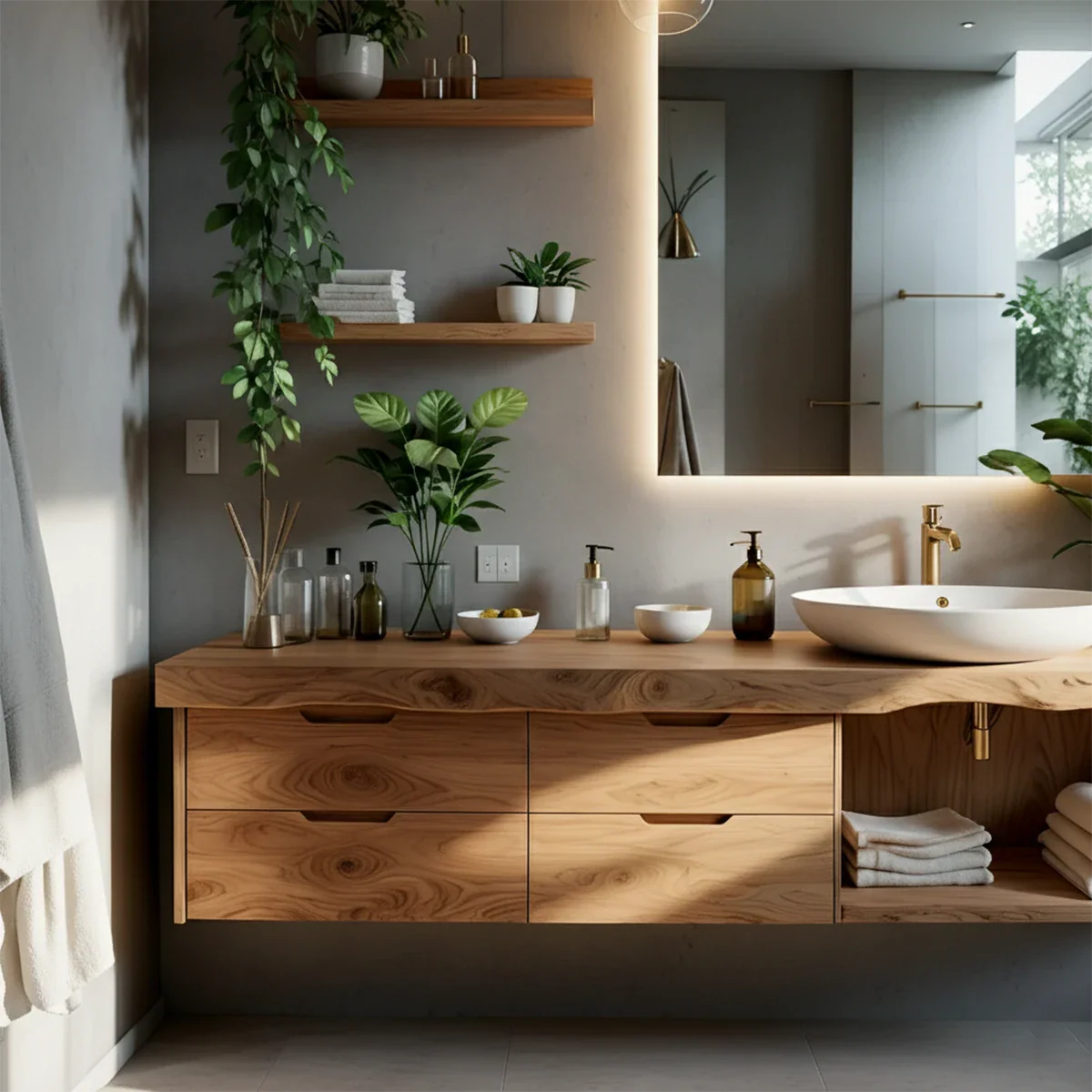 Wall mounted oak floating bathroom vanity with drawer storage