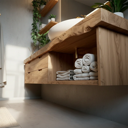 Solid oak floating bathroom vanity with natural wood grain texture