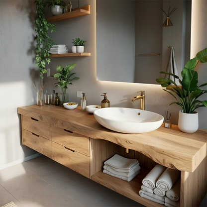 Modern Scandinavian oak floating bathroom vanity with open shelf