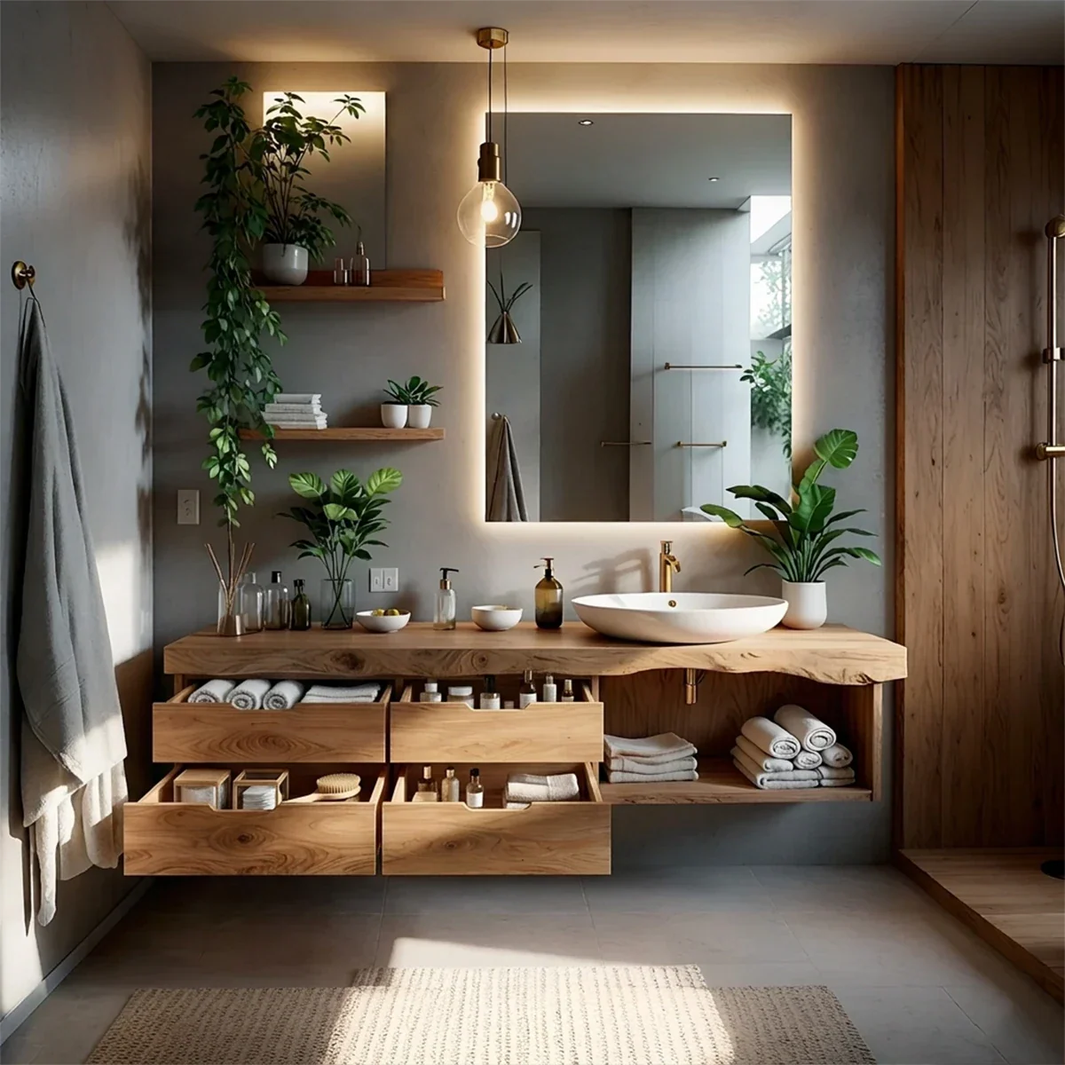 Designer oak floating bathroom vanity with live edge wood top