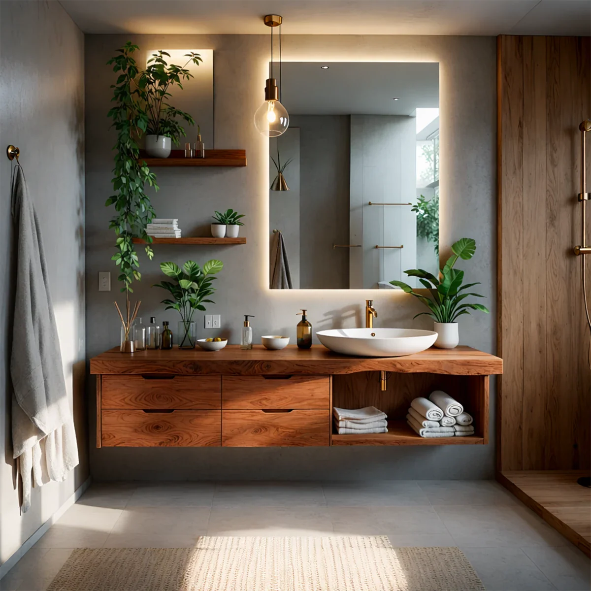 Elegant oak floating bathroom vanity in Scandinavian bathroom interior