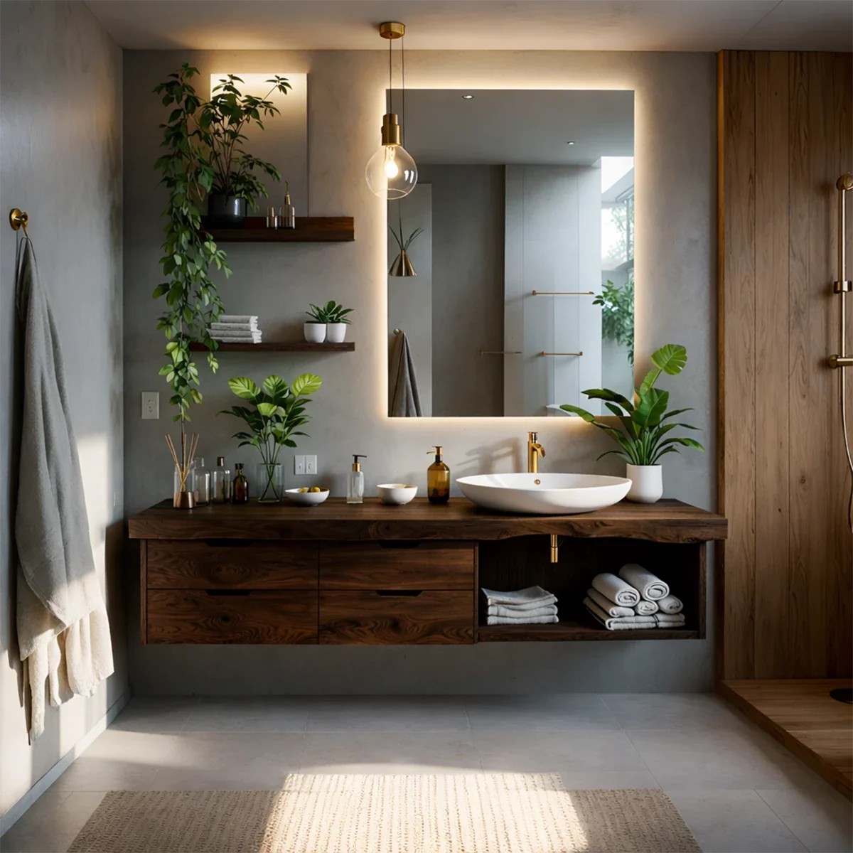 Premium oak floating bathroom vanity with soft wood tones
