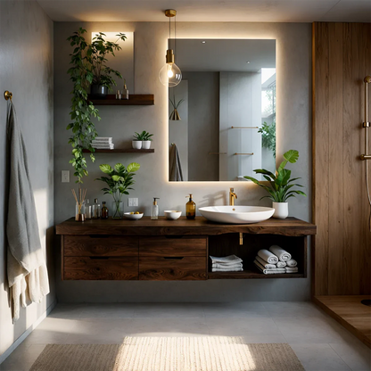 Premium oak floating bathroom vanity with soft wood tones