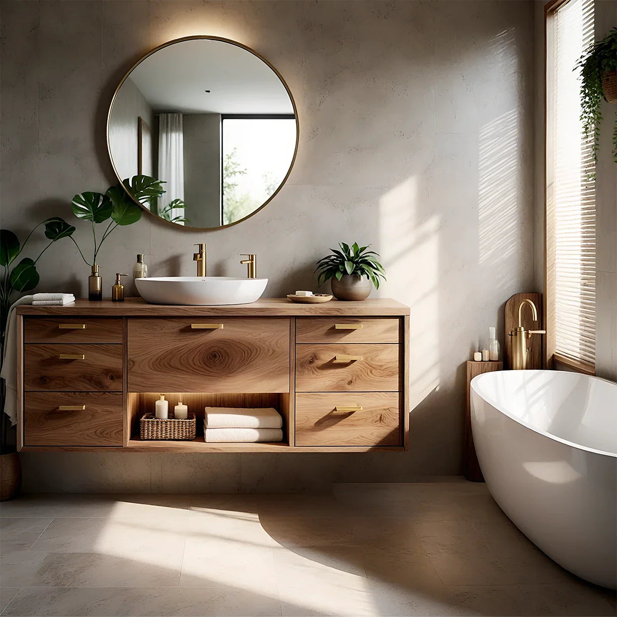 Scandinavian oak floating bathroom vanity with multiple drawers